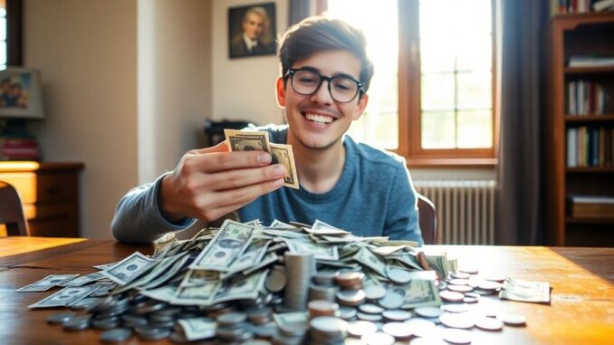 b1606236thumbnail College student celebrating with a stack of money.