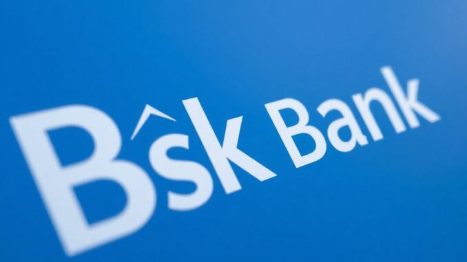 Bask Bank logo with upward trending currency.
