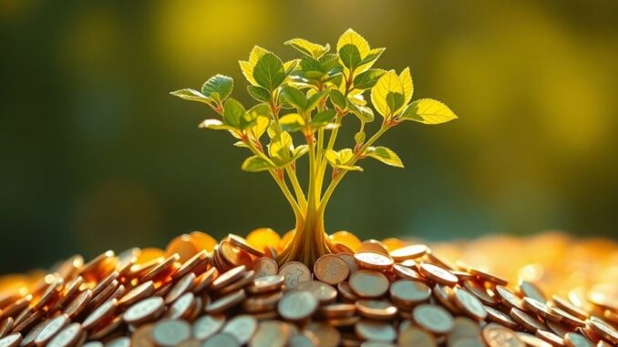 Golden coins accumulating in a growing plant.