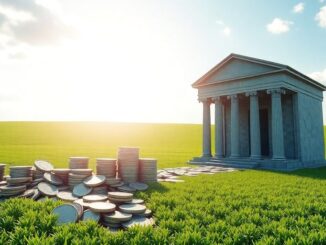 Money flowing from large bank buildings to smaller, vibrant green fields.