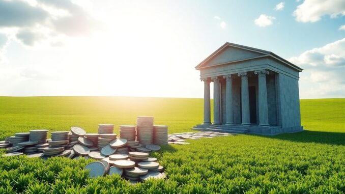 Money flowing from large bank buildings to smaller, vibrant green fields.