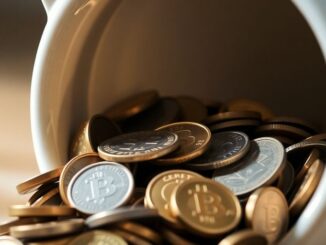 Person holding a coin near a piggy bank.