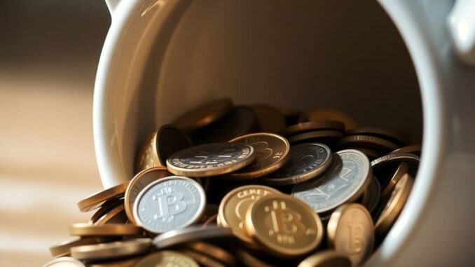 Person holding a coin near a piggy bank.