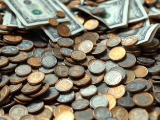 Money falling from a broken piggy bank.
