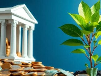 Money flowing out of a bank into a growing plant.