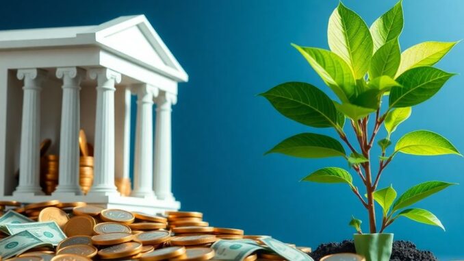 Money flowing out of a bank into a growing plant.