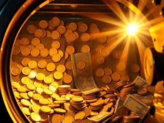 Open bank vault with coins and bills spilling out.