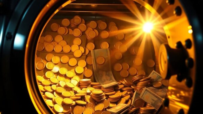 Open bank vault with coins and bills spilling out.