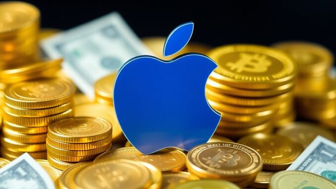 Apple logo with growing money pile.