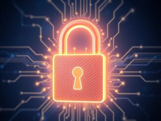Closed padlock with glowing digital circuits.