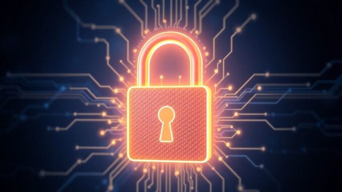 Closed padlock with glowing digital circuits.