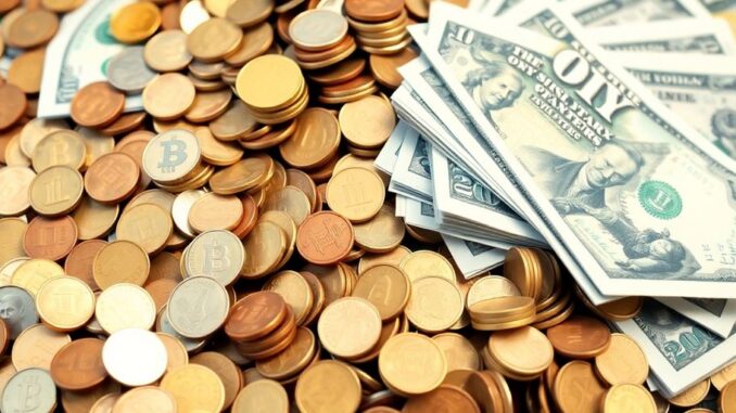 Money growth with stacks of coins and bills.